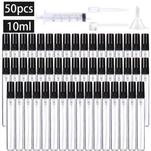 Bild von 50 Stück + 4 Zubehörteile, 10 ml nachfüllbare Glassprühflasche mit 50 Sprühflaschen, 1 Tropfer, 1 Trichter, 1 Spender, 1 Spritze