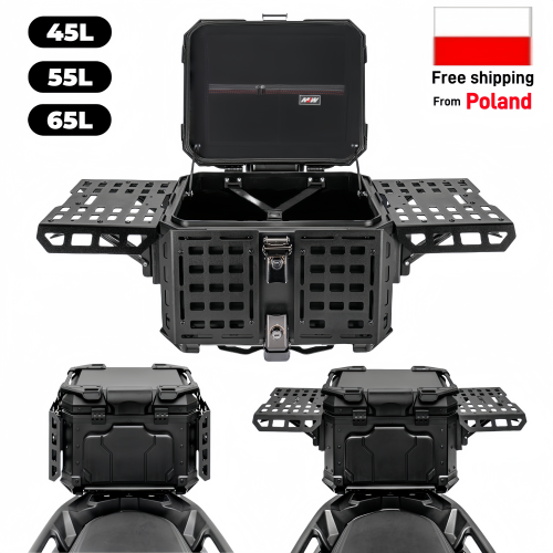 Afbeelding van Aluminium Motorfiets Topbox 65L & 55L – Opvouwbare Waterdichte Bagagekoffer met Snelsluiting en Helmopberg voor Motorfietsen