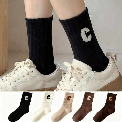 Bild von 5 Paar Winter-Herbst-Wadensocken mit Briefmuster – Gestrickte, atmungsaktive und warme Outdoor-Sportsocken für Herren und Damen