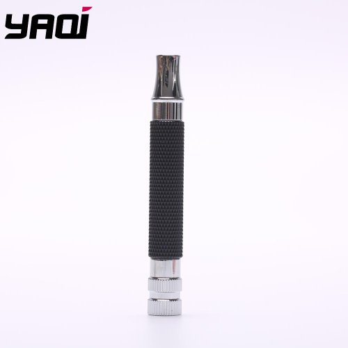 Image of Premium Natural Brass Safety Razor Handle in Black and Chrome Finish for Men's Smooth Shave Experience
