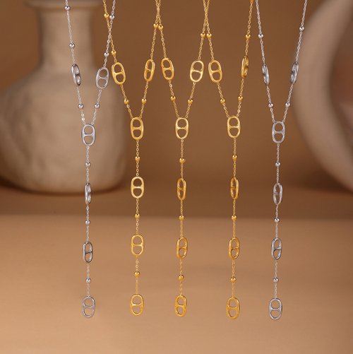 Image of Elegant Stainless Steel Y-Shaped Drop Pendant Necklace with Pig Nose Design – Trendy, Waterproof Fashion Jewelry for Women and Girls