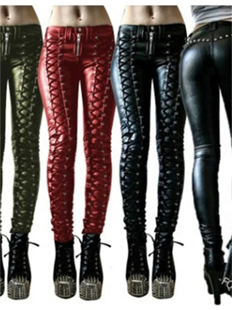 Immagine di Pantaloni in Pelle PU Street Gothic con Straps Harajuku Vintage, Tinta Unità, Modello a Matita, Vita Media, Stile Casual Autunno-Inverno 2022