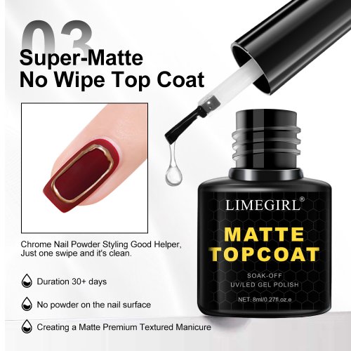 Zdjęcie LIMEGIRL 8ml Soak Off Matte Top Base Coat for Nails UV Gel Polish Semi Permanent Functional Manicure Top Base Coat Varnish