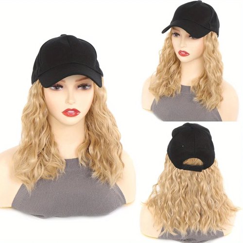Imagen de Peluca de sombrero para mujer, peluca de gorra de béisbol de onda corta con extensiones de cabello sintético rizado, p
