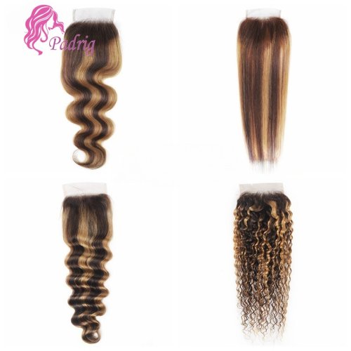 Image of 20-Inch Highlighted 4x4 Lace Closure Human Hair – Straight, Body Wave, Deep Kinkly Curly Transparent Closure with Brazilian Virgin Hair