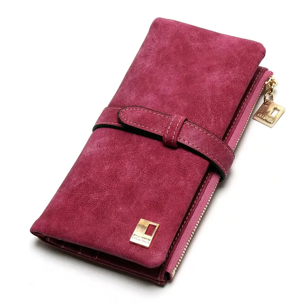 Imagen de Carteras de piel nobuk con cordón para mujer, cartera de diseño largo con cremallera, dos pliegues, ...