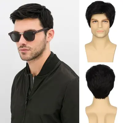 Image de Perruque Noire Homme - Coupe Latérale Courte & Naturelle