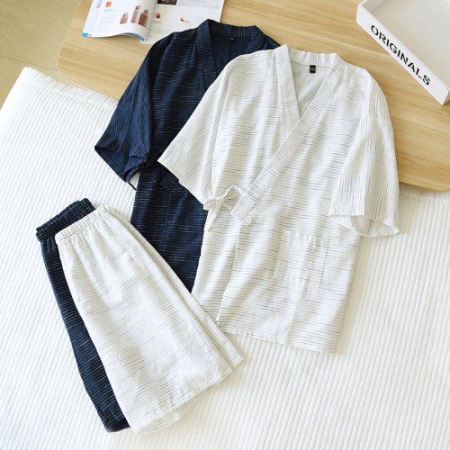 Image of Men's Japanese-Style Kimono Pajamas Set – Lightweight Cotton Summer Sleepwear with Short Sleeves and Shorts for Comfortable Home Wear
