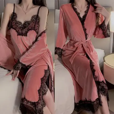 Image de Ensemble Pyjama Velours Rose - Peignoir & Camisole Doux et Chaleureux