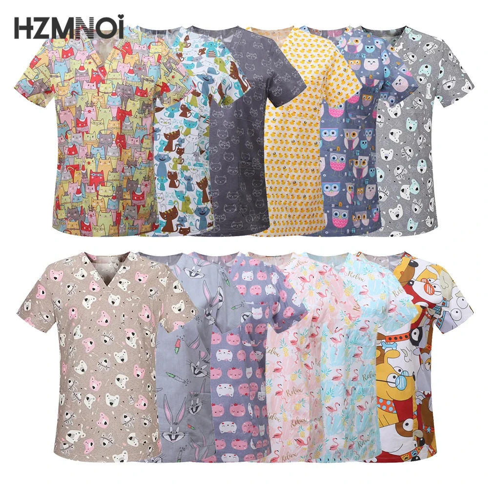 Afbeelding van Leuke Cartoon Dieren Print Scrub Tops voor Dierenkliniek en Ziekenhuis – Katoenen Medische Uniformen voor Verpleging, Tandheelkunde en Artsen