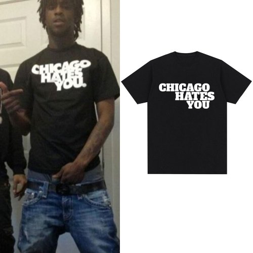 Zdjęcie T-shirt męski z nadrukiem 'Rapper Chief Keef Chicago Hates You' – styl hip-hop, oversize, bawełniany, krótki rękaw, moda uliczna