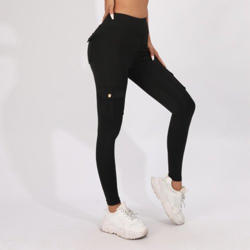 Imagen de Pantalones deportivos transpirables de cintura alta con botones para levantamiento de cadera, pantalones de Yoga desnudos cepillados, mallas ajustadas adelgazantes, mallas elásticas altas