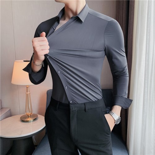 Image of Men's Plus Size 4XL High Elasticity Seamless Long Sleeve Shirt – Premium Slim Fit Casual & Formal Dress Top for Comfort and Style