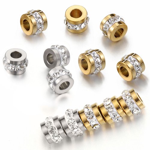 Afbeelding van 10 stuks goudkleurige roestvrijstalen strass kralen 5x7mm - losse spacer kralen met glinsterende steentjes voor DIY sieraden, armbanden en kettingen