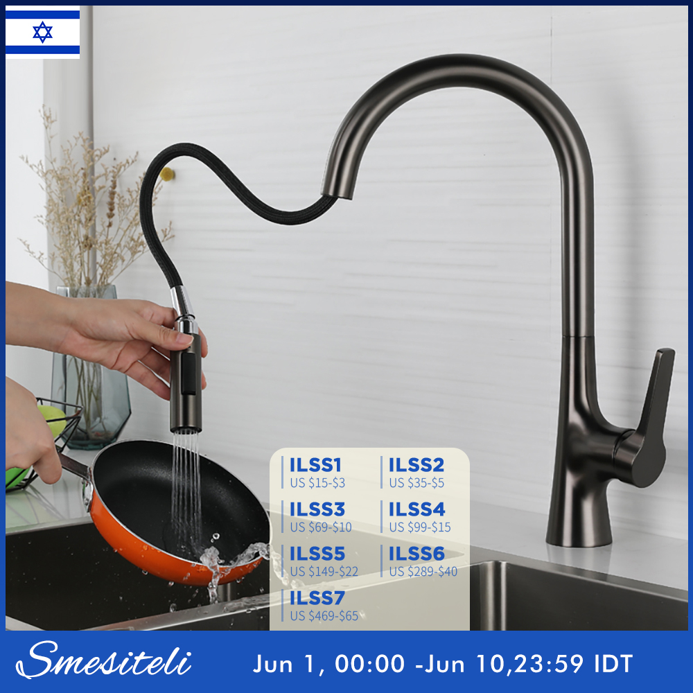Image of Smesiteli Gun Gray Brass Single Hole Deck Mounted 360 Degree Rotation Kitchen Pull Out Brass Faucet Hot And Cold Water Sink Taps