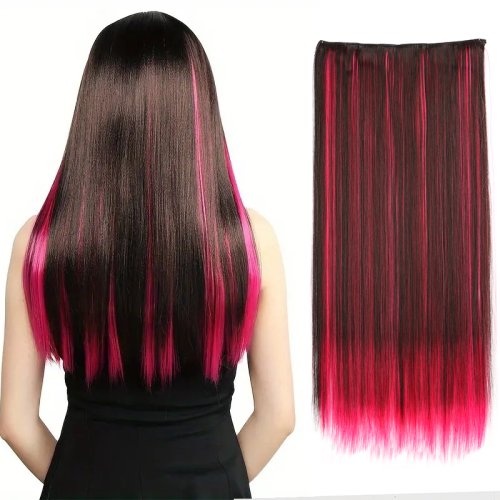 Afbeelding van Synthetische Haarverlenging 24 Inch – Eén Stuk met 5 Clips, Lange Rechte Haaruitbreidingen met Hoogtepunten voor Dagelijks Gebruik
