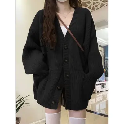 Image de Cardigan Noir Tricoté Large Col V - Style Coréen Chic