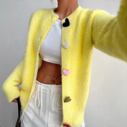 Image of Autumn Winter Fashion Yellow Cardigan Women Heart Button Long Sleeve Knit Sweater Outerwears