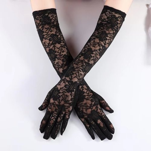 Image of Elegant Summer Women's Long Lace Mesh Driving Gloves with UV Protection – White & Black Stretchy Arm Warmers for Sunscreen and Style