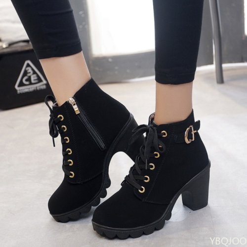 Bild von Modische Damenstiefel mit Schnürung – Bequeme High Heels für Frühling und Winter, Vielseitige Stiefeletten in Trenddesign