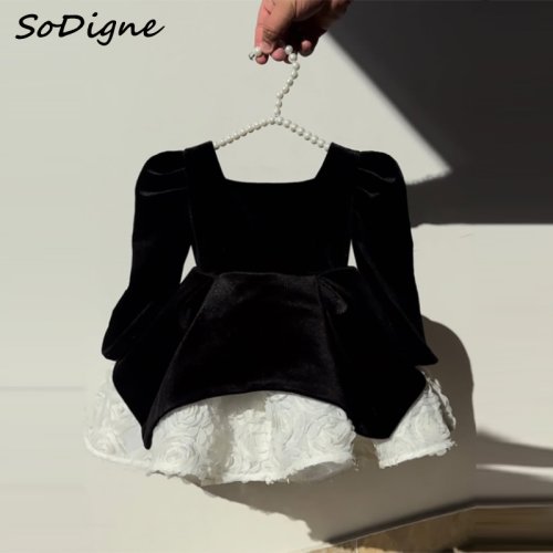 Zdjęcie SoDigne A-line Velvet Flower Girl Dress Square Collar Full Sleeves Short Skirt Girls Party Dresses Princess Kid Gown Customized