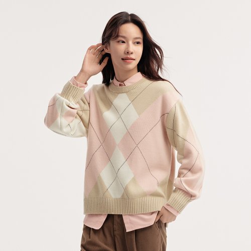 Imagen de Suéter de Mujer con Diseño Diamante en Bloque de Color, Corte Asimétrico de Hombro Caído, Prenda de Punto Suelta para Invierno 2025