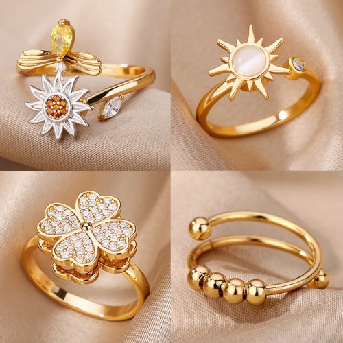 Imagen de Anillos de ansiedad antiestrés para mujer, anillo giratorio ajustable abierto de Color dorado, regalo de joyería de moda de boda estética