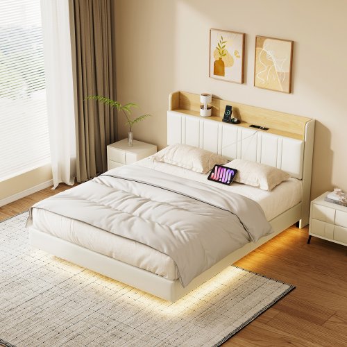 Image of Modern Floating Effect Double Bed Frame with LED Lighting and Built-in USB Charging Station - Available in 140cm, 160cm, and 200cm Sizes