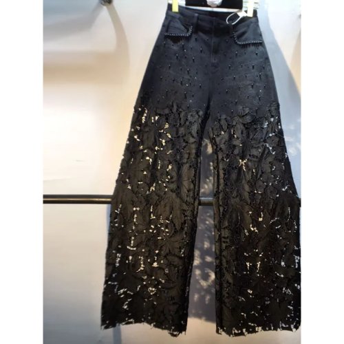 Image of Summer New Heavy Embroidery Rhinestone Denim Patchwork Hook Flower Hollow Lace Straight Leg Wide Leg Pants Casual High Waist