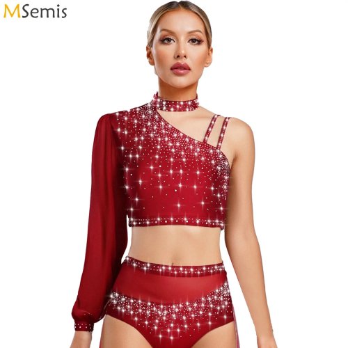 Image of Elegant Sheer Mesh Long Sleeve Rhinestone Crop Top for Women – Perfect for Contemporary Ballet, Lyrical Dance, Gymnastics, and Performance Costumes