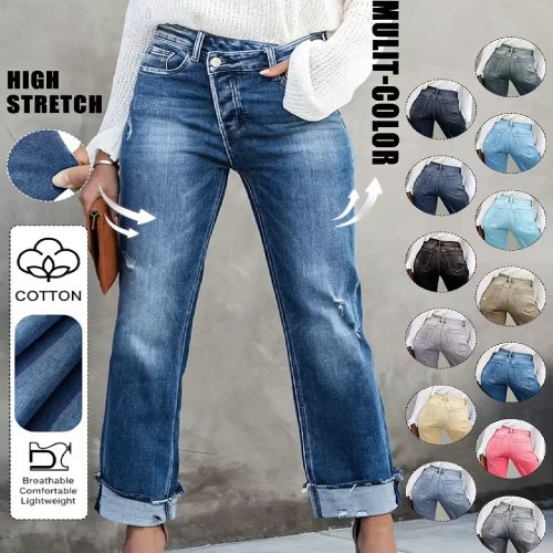 Imagen de Pantalones Vaqueros Elásticos de Cintura Alta para Mujer, Modelo Recto Ajustado en Color Sólido, Estilo Moderno y Cómodo