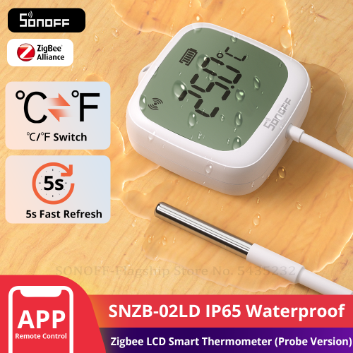 Image of Smart Zigbee LCD Thermometer with Probe – IP65 Waterproof Temperature Sensor for Pools, Bathtubs, Fridges, Freezers & Liquids