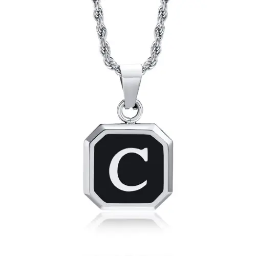 Image de Collier Initiale A-Z - Noir Carré Acier Inoxydable