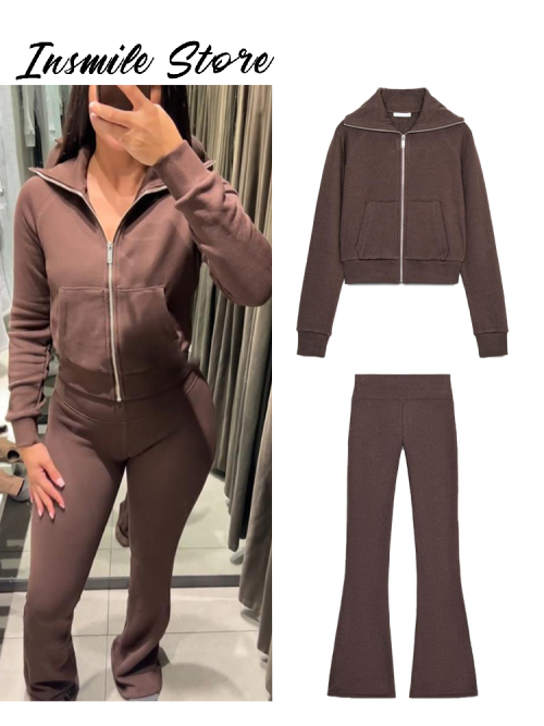 Imagen de Conjunto de pantalón y chaqueta con cremallera de felpa lisa para mujer, abrigo de manga larga con bolsillo y solapa, pantalones acampanados, traje informal para mujer 2025