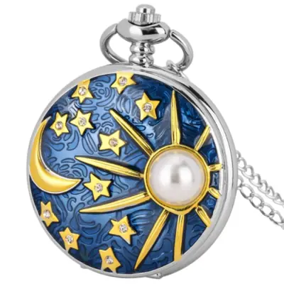 Image de Collier Montre Étoile & Lune Bleue - Pendentif Argent & Perle