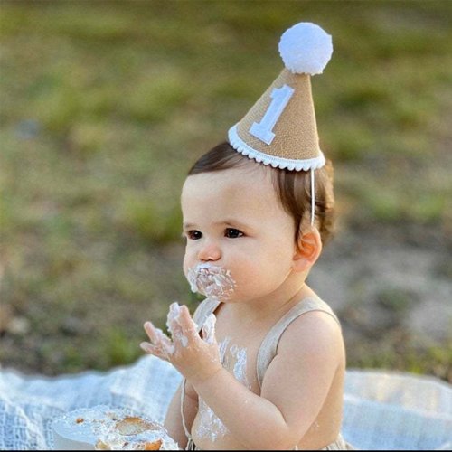 Zdjęcie Naturalna jutowa czapka na pierwsze urodziny dziecka – elegancka opaska na głowę dla niemowląt i małych dzieci, idealna dekoracja na baby shower i imprezy urodzinowe dla chłopca lub dziewczynki