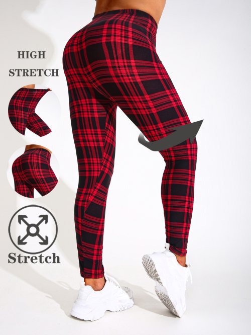 Immagine di Pantaloni da yoga dimagranti sportivi a quadretti neri e rossi aderenti sexy ad alta elasticità spazzolati alla moda casual