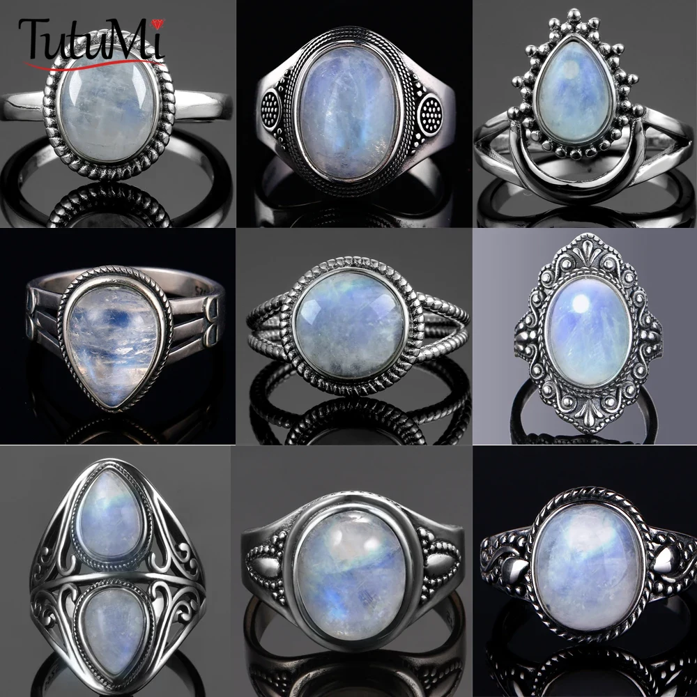 Afbeelding van Vintage 925 sterling zilveren ronde ovale natuurlijke maansteen ring waterdruppel bloemvorm ring fijne sieraden voor vrouwen mannen