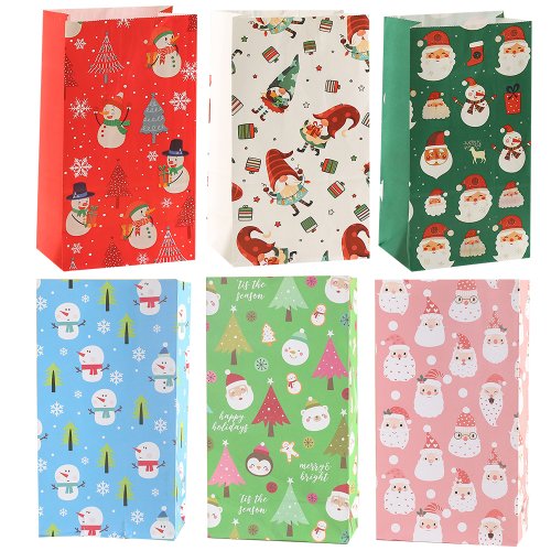 Image of 6-Piece Set of Festive Kraft Paper Gift Bags with Snowman and Santa Claus Design for Christmas Party Decorations and Holiday Gift Packaging
