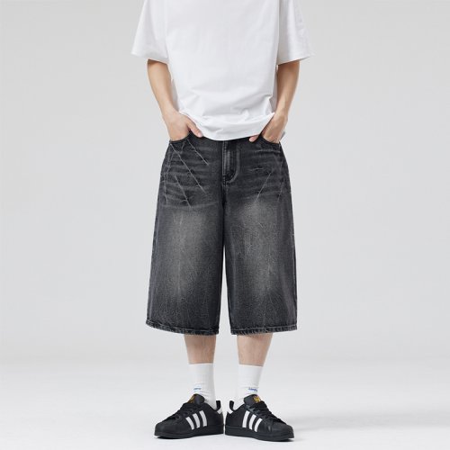 Imagen de Pantalones Vaqueros Americanos de Verano 2025 para Hombre, Pantalones Cortos de Pierna Ancha Holgados con Corte Recto en Color Negro y Gris, Estilo Y2K Streetwear Hip Hop Sevens