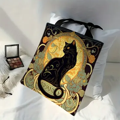 Image de Sac Bandoulière Chat Noir Rétro en Lin - Style Élégant & Pratique