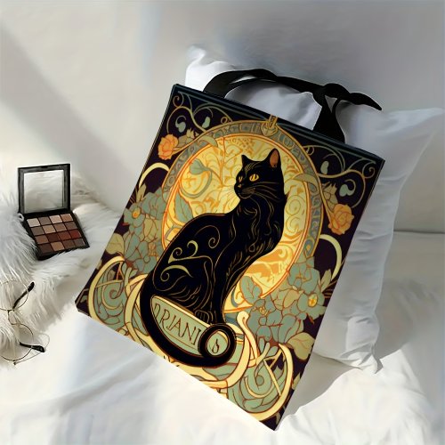 Bild von Retro Art Noble Black Cat – Elegante Umhängetasche aus Leinen, Modische Tages- und Einkaufstasche 40x40 cm
