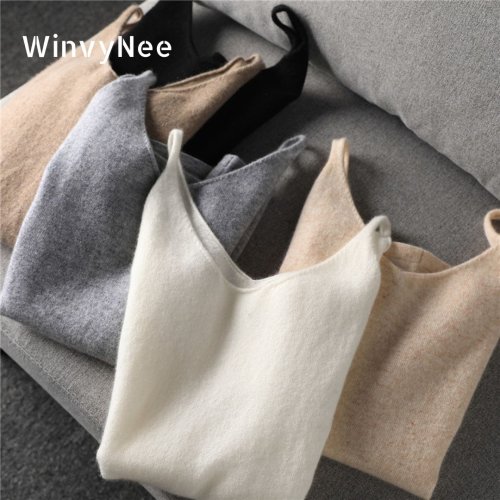 Imagen de WinvyNee nuevas camisetas de lana para mujer, Tops de oficina lisos con cuello en V, chaleco suave y cálido, ropa interior sin mangas para niñas, parte de arriba ropa informal para invierno y otoño C