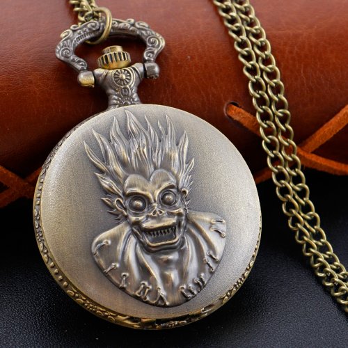 Image of Anime-Inspired Bronze Quartz Pocket Watch with Fob Chain and Pendant Necklace – Men's and Kids' Timepiece Gift for Fans of Death Comes