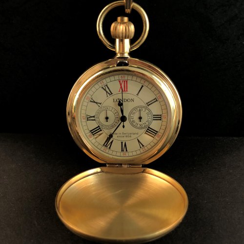 Imagen de Reloj de Bolsillo Antiguo Vintage de Latón con Diseño Esqueleto, Cuerda Manual, 5 Manecillas, Año 1856, Londres, Incluye Cadena de 30 cm para Hombre