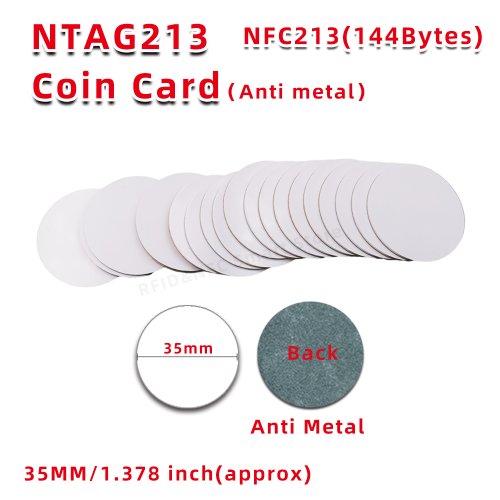 Zdjęcie Karty NFC NTAG213 Antymetalowe 13,56 MHz – Uniwersalne Etui do Monet z Pamięcią 144 Bajtów, 35 mm, Dostępne w Pakietach 10, 50, 100 Sztuk