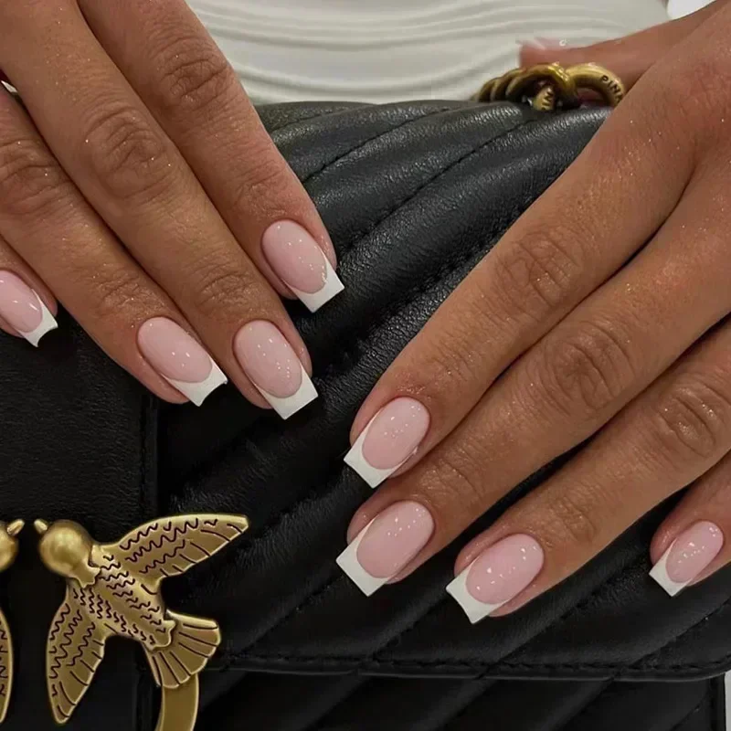Imagen de Uñas postizas cortas con diseño francés en gradiente rosa brillante, juego completo de 24 piezas para manicura elegante y fácil aplicación