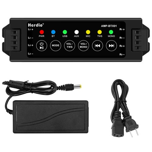 Zdjęcie Mini Wzmacniacz Bluetooth 24V 3A z 4 Kanałami – Zasilacz i Odtwarzacz Audio do Głośników Pasywnych z Mikrofonem, USB, AUX i TWS