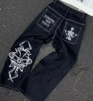 Image de Jeans Y2K Homme - Style Hip Hop Rétro avec Broderie Crâne