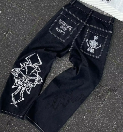 Zdjęcie Y2K Jeans Mens Hip Hop Retro Skull Embroidery Washed Baggy Denim Pants New Straight Casual Loose Wide Leg Trouser Streetwear